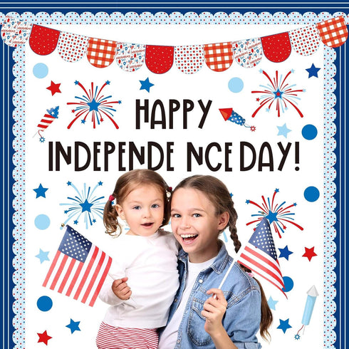 JarThenaAMCS 74Pcs Happy Independence Day Bulletin Board Kit Patriotic Red Blue Star Truck Fireworks Paper Cutouts with 100Pcs Glue Points 4th of ...