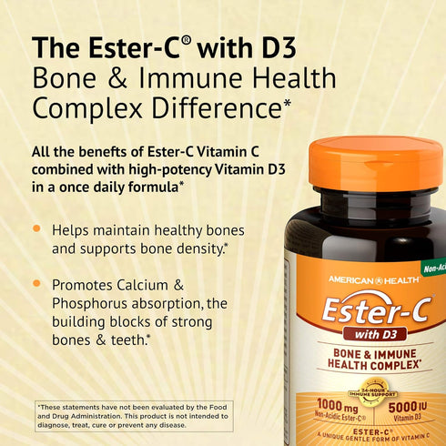 American Health EsterC with D3 Bone Immune Complex Vegetarian Tablets 24Hour Immune Support 1000 mg EsterC 5000 IU Vitamin D3 NonAcidic Vitamin C ...