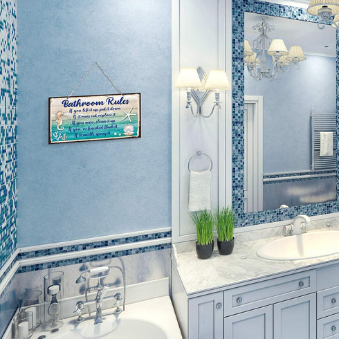 Seashell Bathroom Rules Decor Signs Wall Ocean Theme Beach Seashell Starfish Decor for Metal Sign Hanging Wall Funny Bathroom Rules Art Decorative...