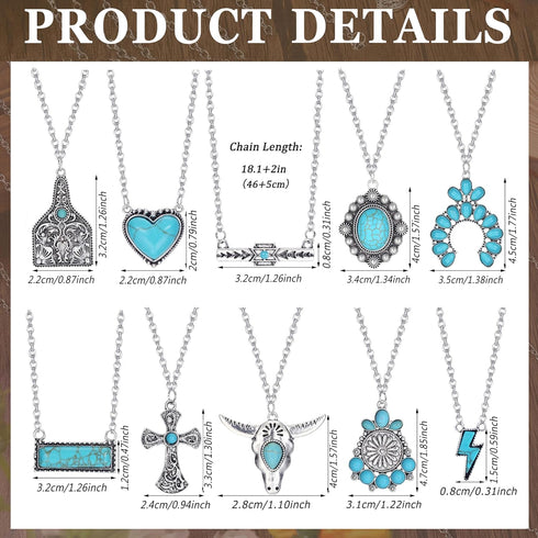FUNRUN JEWELRY 10Pcs Western Necklaces for Women Turquoise Necklace Cow Tag Lightning Bolt Horseshoe Bar Turquoise Pendant Necklace Cowgirl Boho W...
