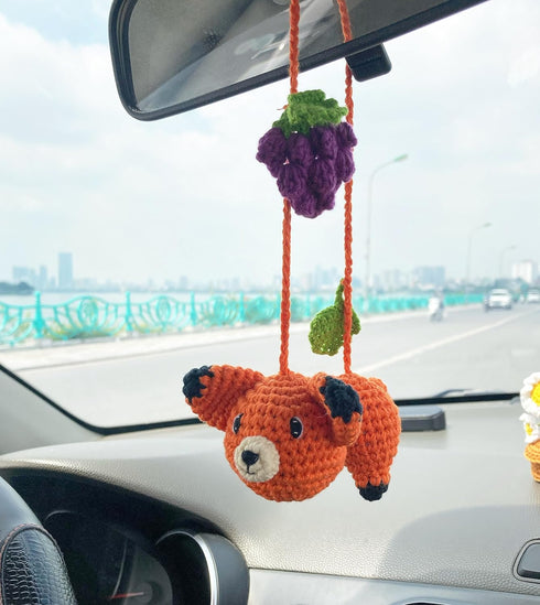 BUNNY Crochet Fox Car Rear View Mirror Holder, Cute Fox Car Hanging Ornament, A Gift for Fox Lovers Car Hanging, Crochet Lovely Fox Bag Ornament, ...