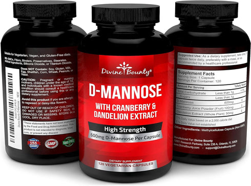 Divine Bounty D-Mannose Capsules - 600mg D Mannose Powder per Capsule with Cranberry and Dandelion Extract to Support Normal Urinary Tract Health ...