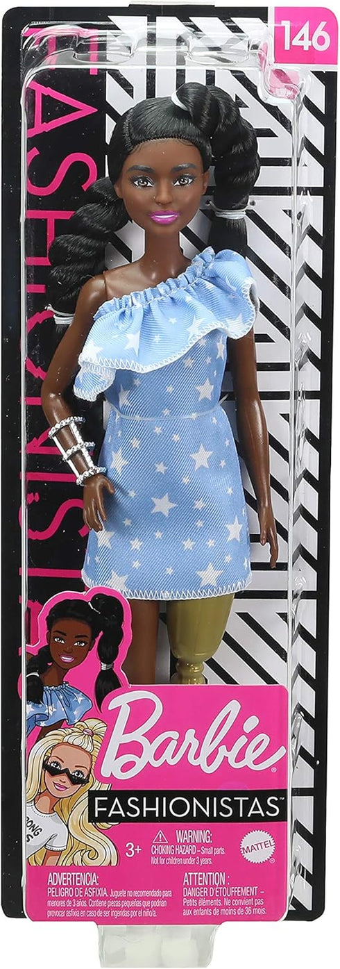 Barbie Fashionistas Doll #146 with 2 Twisted Braids & Prosthetic Leg Wearing Star-Print Dress, White Shoes & Arm Bracelet, Toy for Kids 3 to 8 Yea...