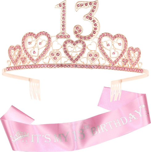 VeryMerryMakering 13th Birthday Sash and Tiara for Girls - Fabulous Set: Glitter Sash + Hearts Rhinestone Pink Premium Metal Tiara, Gifts for Teen...