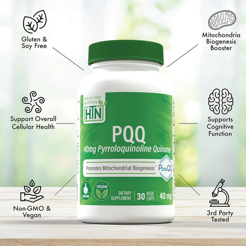 Health Thru Nutrition PQQ 40mg 30 Servings Pyrroloquinoline Quinone as PureQQ | Promotes Mitochondrial Biogenesis | Certified Vegan | Non-GMO Glut...