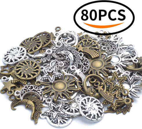 Aylifu About 80 Pieces Celestial Collection Charms, Mixed Sun Moon Star Meteor Charms Pendant Jewelry Findings for DIY Necklace Bracelet Earrings ...