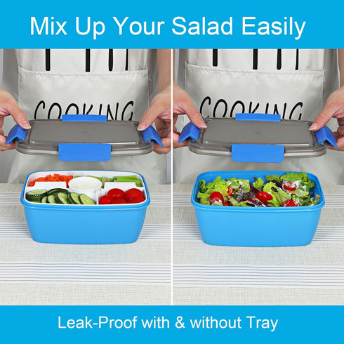 Caperci Salad Lunch Container with 68 oz Salad Bowl - Large Adult Bento Lunch Box, 5-Compartment Bento-Style Tray for Toppings, 2pcs 3-oz Sauce Cu...