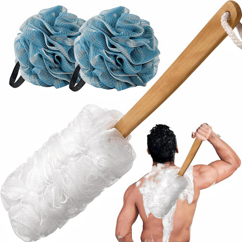 Large Loofah with Handle Shower Loofah, with Long Loofah Back Scrubber for Shower, PE Soft Mesh Loofah Body Scrubber, Bath Loofah Sponge Shower fo...