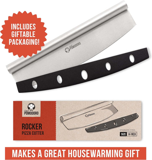 Chef Pomodoro Pizza Cutter Rocker Knife with Protective Cover, Multipurpose 14 Inch Mezzaluna Chopper with Super Sharp Stainless Steel Blade, Blad...