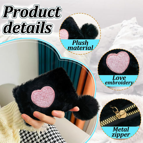 Credit Card Wallet, Soft Plush Women's Wallets Credit Card Holder, Heart-Shaped Embroidery Coin Purse Credit Card Wallet with Fur Ball Zipper for ...