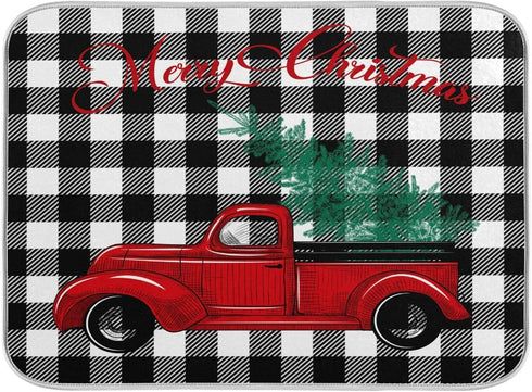 Oarenol Christmas Buffalo Truck Dish Drying Mat Black White Plaid Large 18 x 24 Inch Reversible Drying Mat for Kitchen Counter...