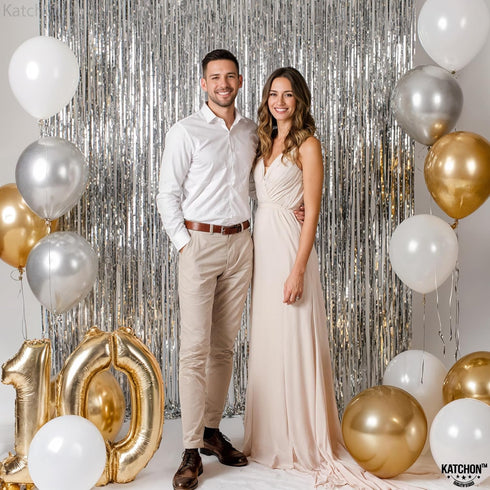 KatchOn, XtraLarge Silver Backdrop Curtain - 3.2x8 Feet, Pack of 2 | Silver Streamers Backdrop for Disco Party Decorations | Fringe Curtains for E...