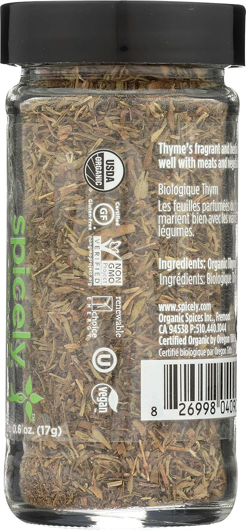 Spicely Organic Thyme 0.60 Ounce Jar Certified Gluten Free...