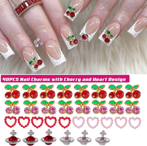 40PCS Cherry Nail Charms with 3D Crystals Design, Kawaii Nail Charms with Heart and Planet Nail Charms, Cherry Nail Charms Art Shiny Gems Nail Mak...