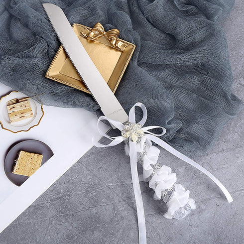 TANG SONG Stainless Steel Elegant Wedding Cake Knife and Serving Set Resin Plastic Handle Pearl Flower Shape with Lace Wedding Cake Knife and Shov...