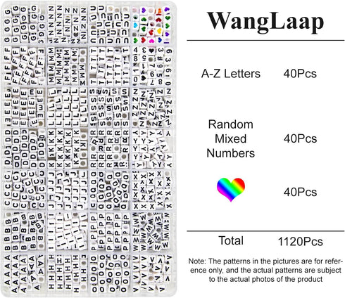 1120Pcs Square Acrylic 6x6mm Alphabet A-Z Letters Beads with Numbers Colorful Hearts Cube Beads for Phone Lanyard Bracelets Necklaces(White-1120-O...