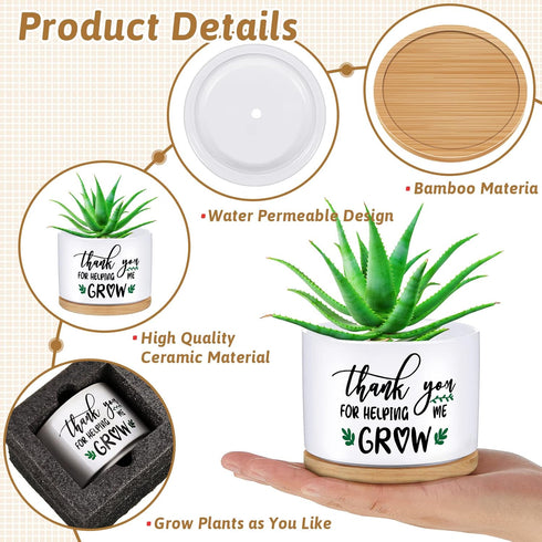Teachers Appreciation Gift Thank You for Helping Me Grow Gifts Succulent Pots Ceramic Flower Planter Pot with Bamboo Tray White Teacher Plant Pots...