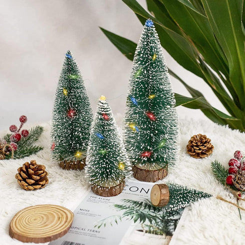 Tiny Christmas Trees, 4pcs Mini Artificial Xmas Sisal Snow Frost Tabletop Trees, Green Bottle Brush Trees with Wood Base, for Christmas Décor...