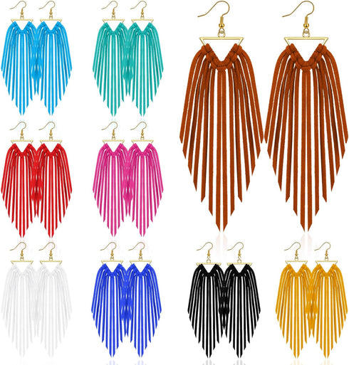 9 Pairs Fringe Leather Earrings Boho Leather Earrings Triangle Deerskin Leather Fringe Boho Earrings for Women Girls(Bright Colors)...
