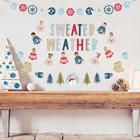 Whaline 85Pcs Winter Bulletin Board Decoration Kit Xmas Tree Snowmen Snowflake Cutouts with Glue Point Christmas Holiday Classroom Bulletin Border...