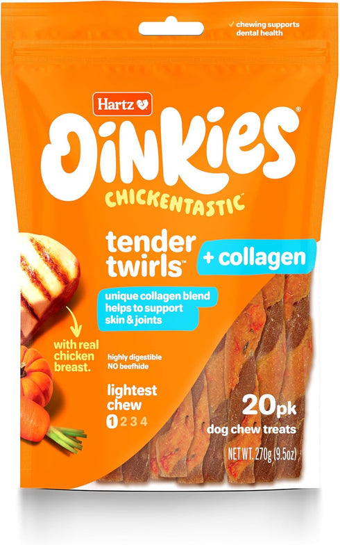 Oinkies Chickentastic Tender Twirls + Collagen to Support Skin & Joints, Made with Real Chicken Breast, Pumpkin & Carrot, Long-Lasting & Rawhide-F...