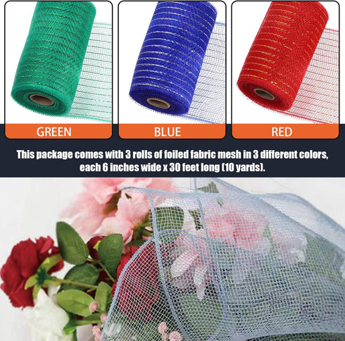 3 Rolls Mesh Ribbon, Christmas Deco Mesh Metallic Red Green Navy Blue Mesh Ribbon Rolls for Wreaths, Gift Wrapping, Party Decorations (6 Inch x 10...