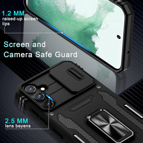 DEERLAMN for Samsung Galaxy S23 FE Case with Slide Camera Cover+Screen Protector(1 Pack),Rotated Ring Kickstand Military Grade Shockproof Protecti...