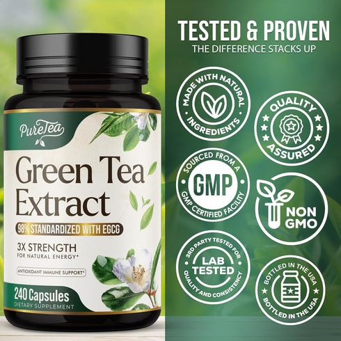 Green Tea Extract Capsules 1000mg with EGCG - 98% Standardized Polyphenols for Heart Support with Antioxidants - 3X Absorption Green Tea Pills for...