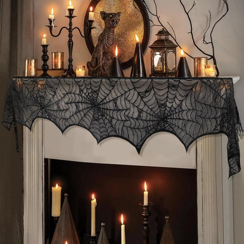 Hooqict Halloween Decoration Halloween Black Lace Spiderweb Fireplace Mantle Scarf Cover for Halloween Party Supplies 18 x 96 Inch...