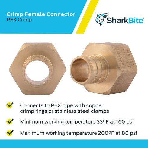 SharkBite 3/4 Inch FNPT Crimp Connector, Pack of 5, Brass Plumbing Fitting, PEX Pipe, PE-RT, UC088LFA5...