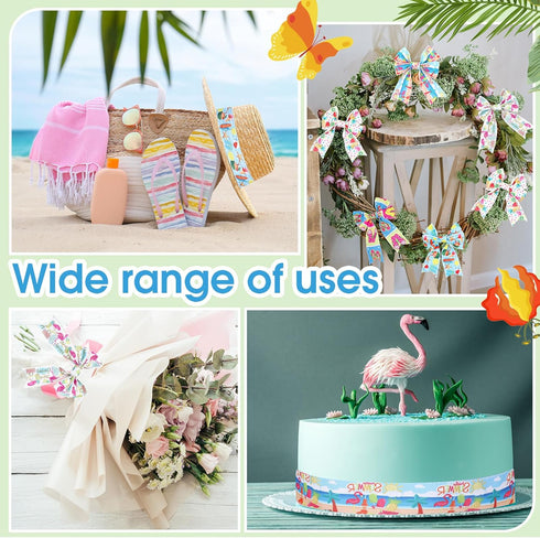 Tigeen 6 Rolls 30 Yards Summer Ribbon Flamingo Wired Ribbon Hawaii Tropical Beach Flip Flops Burlap Ribbons for Summer Wreath Bows Crafts Making, ...