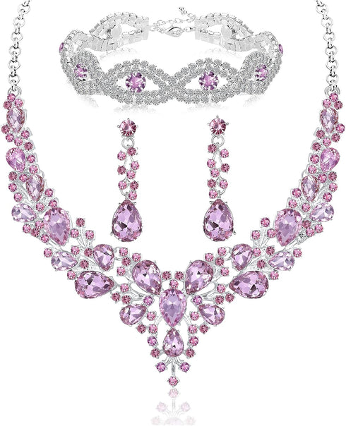 Rhinestone Bridal Jewelry Sets for Women Crystal Necklace Earrings Bracelet Set Silver-Tone Wedding Bridal Bridesmaid Gifts fit with Wedding Dress...