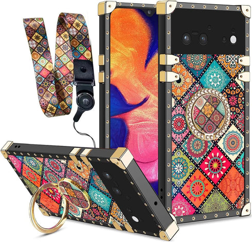 nancheng for Google Pixel 6 Case Kickstand Ring Holder Clip Exotic Colorful Square Diamond Rivet Crystal Anti-Shock Protective Soft Slim Shockproo...