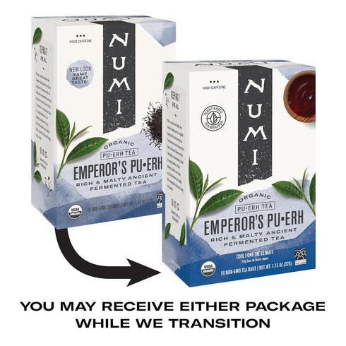 Numi Organic Emperor's Pu-erh Tea, 16 Tea Bags, Aged Fermented Yunnan Black Tea, Caffeinated (Packaging May Vary)...