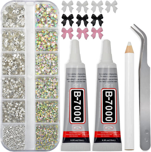 Jewelry Adhesive Glue with Flat Back Rhinestones kit, 6 Sizes 2500Pcs Clear ab clear No Hotfix Rhinestones for Nail Art Craft with Bow Tweezers an...