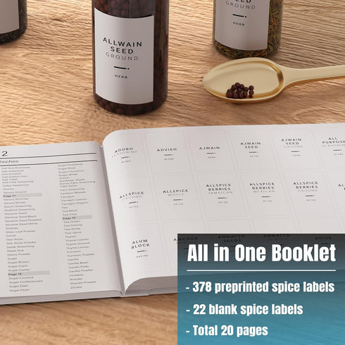 400 Minimalist Spice Labels, Preprinted Stickers Booklet, Black Text on White Waterproof Matte Backing, Herb Seasoning Spice Jars Rack Organizatio...