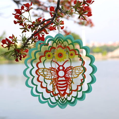 Kinetic 3D Metal Bee Wind Spinner Hanging Ornament Worth Gift for Home and Garden - 12inch Bee Mandala Kinetic Hanging Whirligigs Sun Catcher Wind...