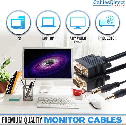 Cables Direct Online 6FT SVGA + Audio Monitor Cable - Male to Male VGA to VGA 1080P for PC, Projector, Laptop, TV...