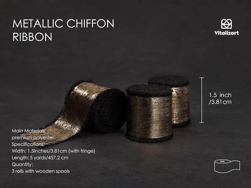 Vitalizart Metallic Chiffon Ribbon Black 1-1/2 inch x 15 Yard Gold Ribbon Silk Champagne Handmade Frayed Ribbons for Gift Wrapping Baby Shower Wed...