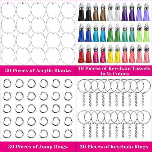 Audab 120pcs Acrylic Keychain Blanks for Vinyl Kit Including 30pcs Clear Acrylic Blanks, 30pcs Keychain Tassels, 30pcs Key Rings and 30pcs Jump Ri...