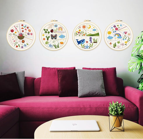 FREEBLOSS 4 Set 8inch Embroidery Kit for Beginners Learn Embroidery Stitches Kit Cross Stitch Kits Embroidery Starter Kit includes 2 Embroidery Ho...