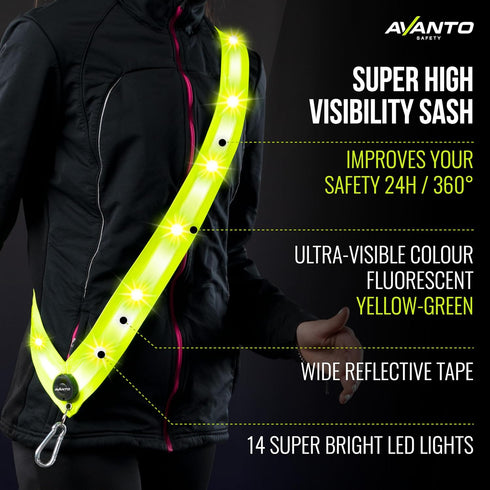AVANTO LED Reflective Sash, Original, USB-C, Reflective Vest for Walking, Led Belt for Dog Walking, Reflective Vest for Walking, Wearable Led Ligh...
