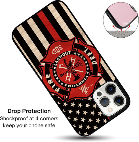 Wood Fireman American Flag Thin Red Line US Firefighter Case - Compatible with iPhone 14 Plus - Durable Non-Slip TPU Rubber Shockproof Slim Case (...