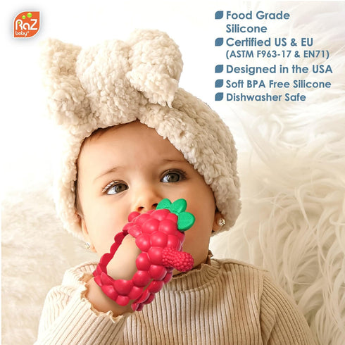 RaZbaby RaZberry Grip Silicone Teether Toy for 3M+ | Drop Resistant Hand Held Teether for Babies and Infants - Designed by Nature with Our Patente...