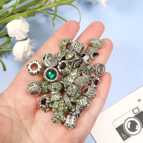 TOAOB 30pcs Green Large Hole European Beads Antique Silver Metal Rhinestone Rondelle Spacer Charms Beads Assortments for Bracelets Necklaces Jewel...