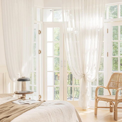 FMFUNCTEX Linen Sheer Curtains for Bedroom, Beige Curtains 54 inch Length for Living Room, Natural Flax Blend Window Draperies for Farmhouse Curta...