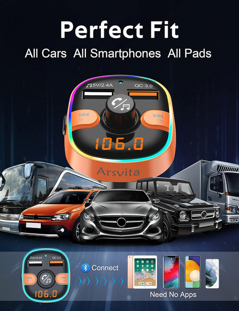 Upgraded Arsvita Bluetooth FM Transmitter for Car, Radio Receiver/Audio Adapter with Dual Car Charger, Support QC3.0 Quick Charging, Hands-Free Ca...