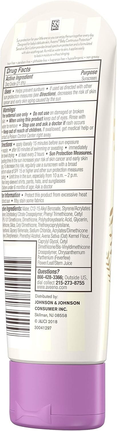 Aveeno Baby Continuous Protection Zinc Oxide Mineral Sunscreen Lotion for Sensitive Skin with Broad Spectrum SPF 50, Tear-Free, Sweat- & Water-Res...