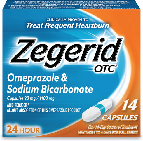 Zegerid OTC 24-Hour Heartburn Relief, The Only Proton Pump Inhibitor with Omeprazole 20mg + Sodium Bicarbonate, Treats Frequent Heartburn, 14ct Ca...