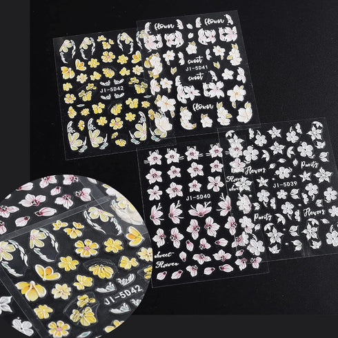 Flower Nail Art Stickers Decals 5D Embossed Spring Nail Decals 3D Self-Adhesive Nail Art Supplies Yellow Pink White Kapok Camellia Design Nail Acc...